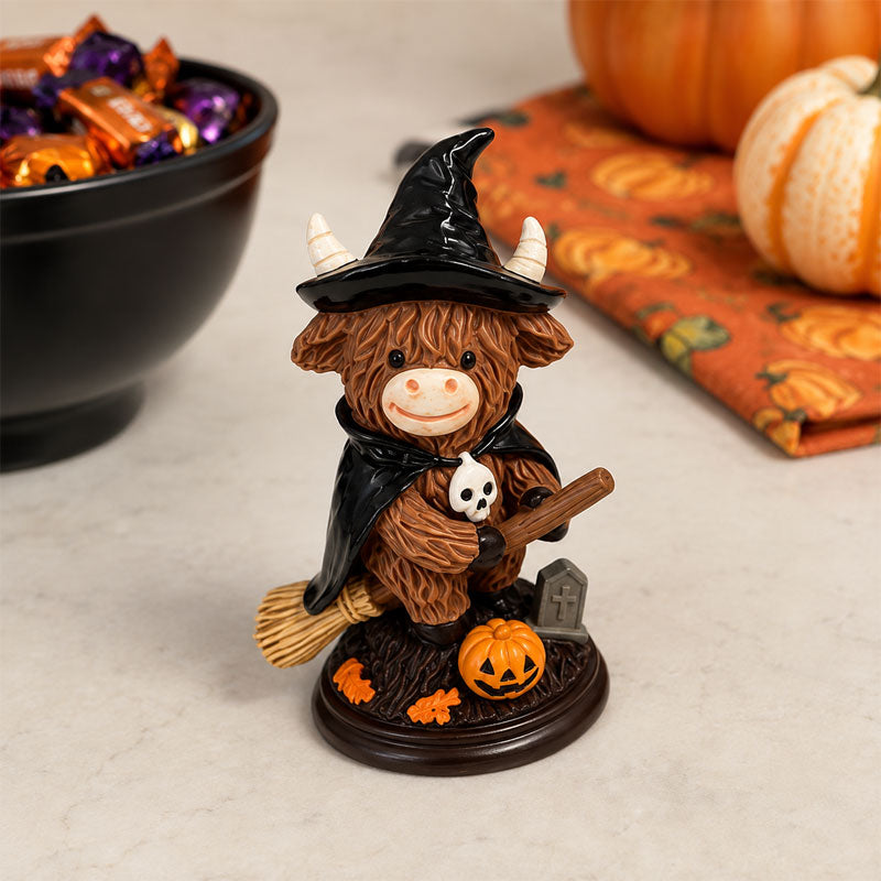 Halloween Highland Cow Witch Ornament – Spooky-Cute Tabletop Decor for Mantel, Shelf & Candy Station