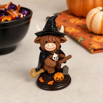 Halloween Highland Cow Witch Ornament – Spooky-Cute Tabletop Decor for Mantel, Shelf & Candy Station