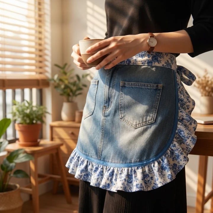 👖 Denim Echo Ruffle Apron – Upcycled Vintage Jean with Floral Lace 🌸 Sustainable Kitchen & Gardening Gift 🧑‍🌾♻️