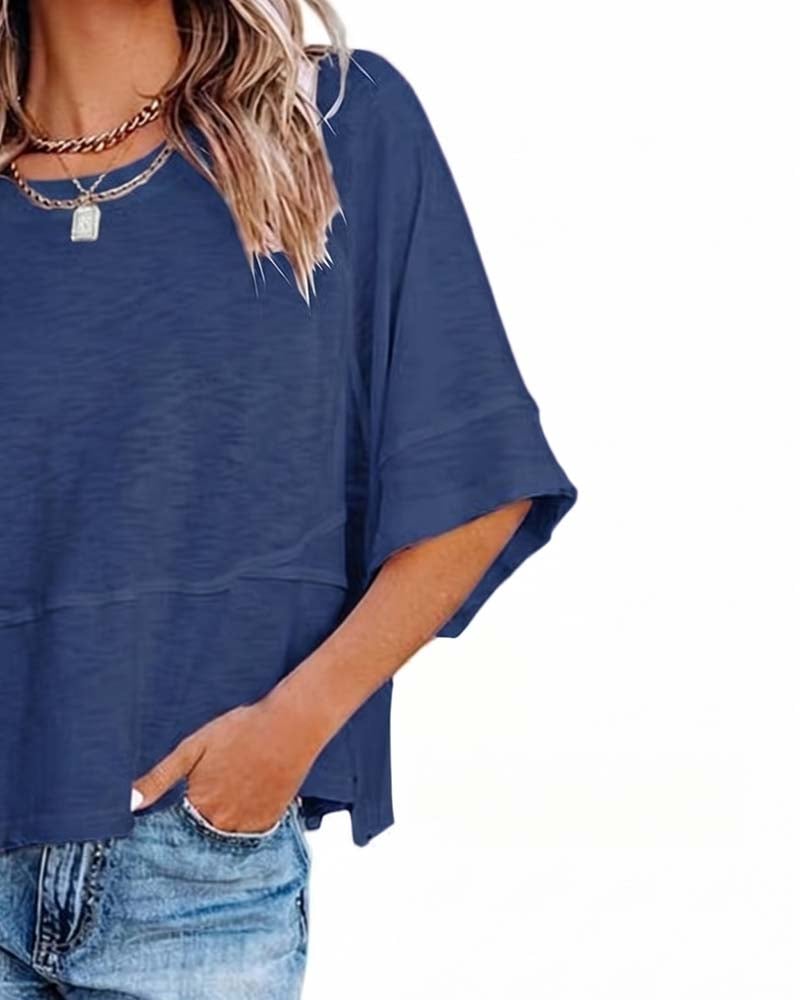 Panel Solid Color Flared Sleeve T-Shirt