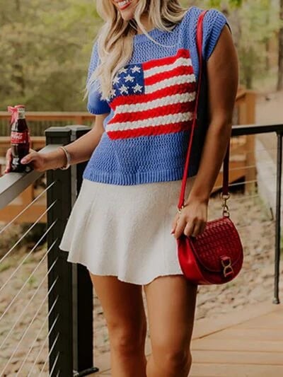 🔥Limited time sale🔥Women's Flag Graphic Hollow Out Short Sleeve Top