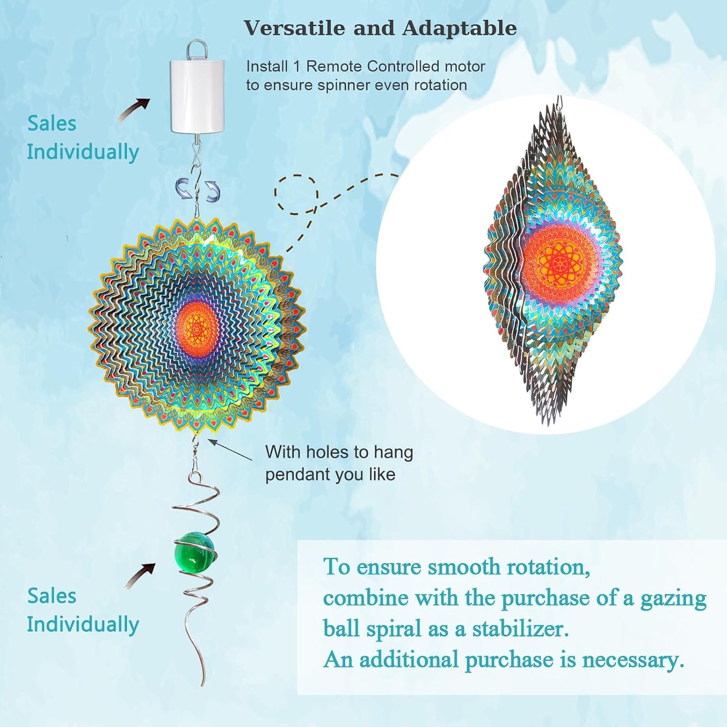 Dailyard Wind Spinner Mandala Jasmine, 12Inch Laser Cut Stainless Steel Wind Spinners, 3D Hanging Wind Sculptures for Yard and Garden Decoration Outdoor Decor Ornament, Mandala Gifts for Women Men