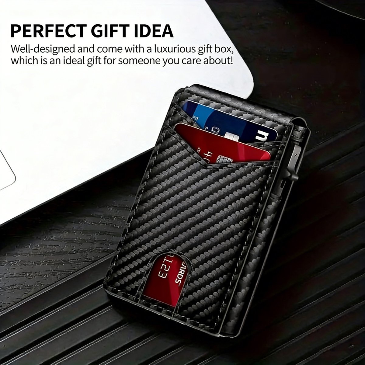 💼🔒Premium Aluminum RFID Blocking Minimalist Wallet for Men - Pop-Up Card Access, Money Clip & ID Window