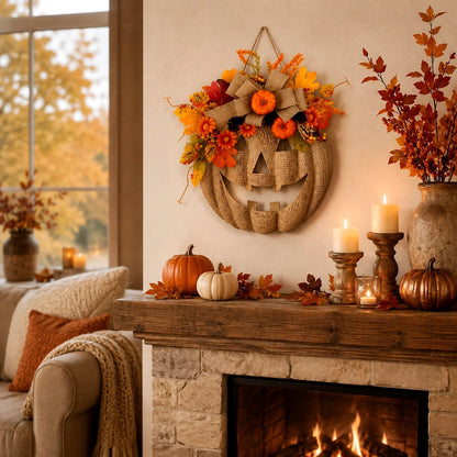 🎃✨ Lighted Burlap Pumpkin Wreath