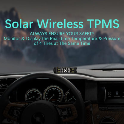 Solar Power Car Tire Pressure Monitoring Tool, TPMS with 4 External sensors & 5 Alarm Modes, LCD Real-time Display, Auto Sleep Mode, Easy to Install