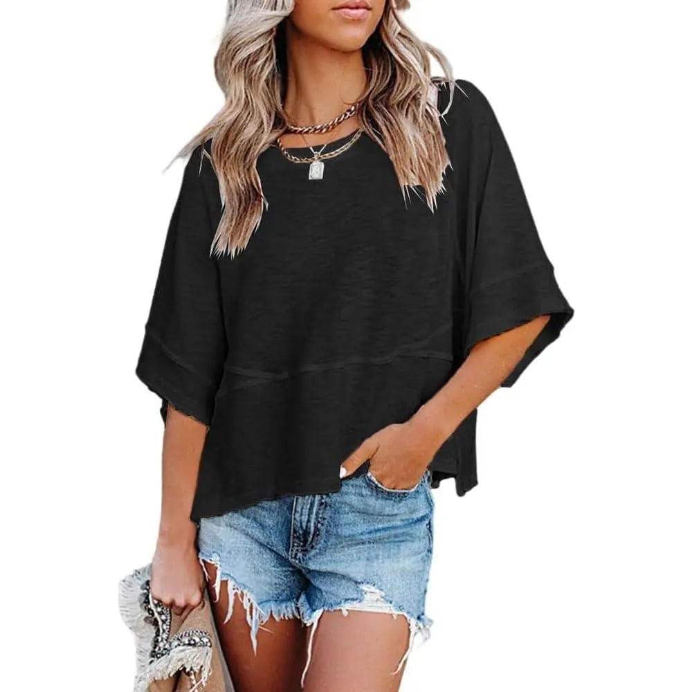 ☀️ Women's Summer Casual Crewneck Batwing Top – Loose Fit, Cute & Breezy 🌸