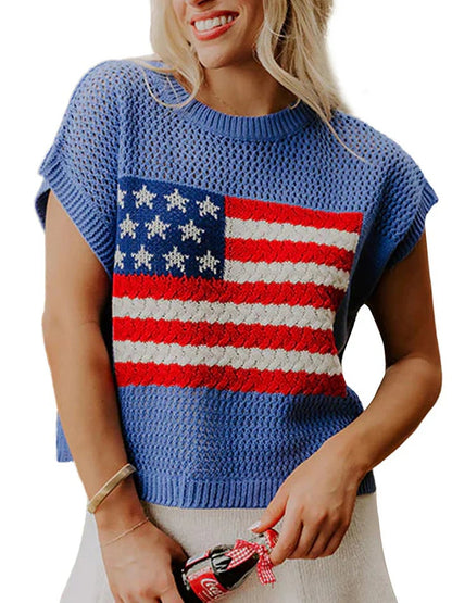 🔥Limited time sale🔥Women's Flag Graphic Hollow Out Short Sleeve Top
