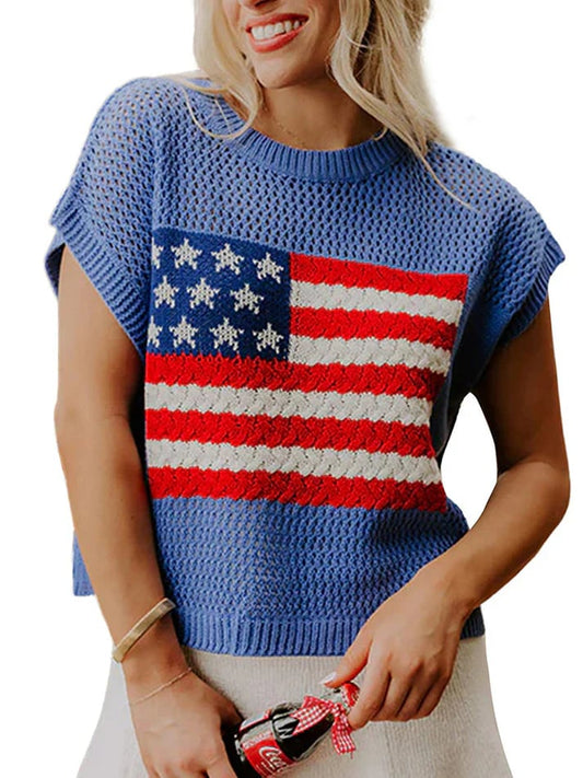 🔥Limited time sale🔥Women's Flag Graphic Hollow Out Short Sleeve Top