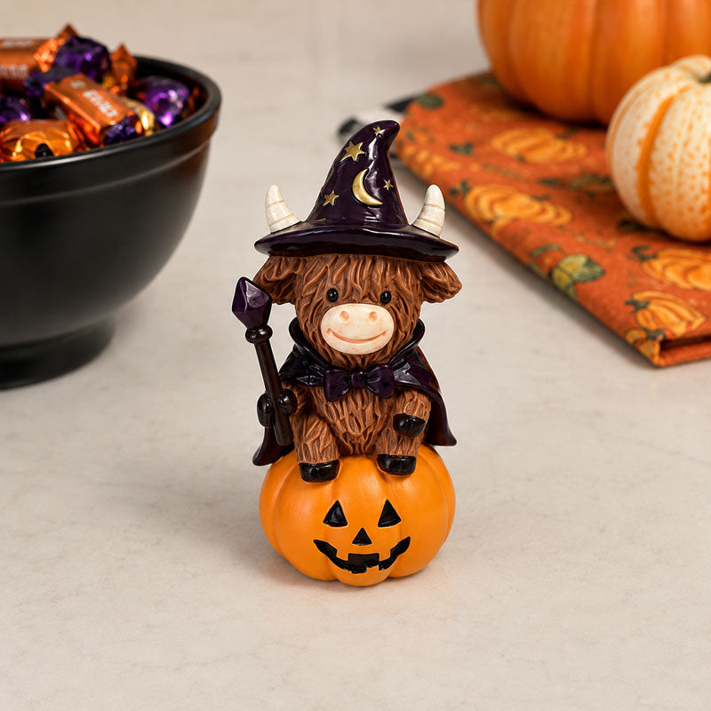 Halloween Highland Cow Witch Ornament – Spooky-Cute Tabletop Decor for Mantel, Shelf & Candy Station