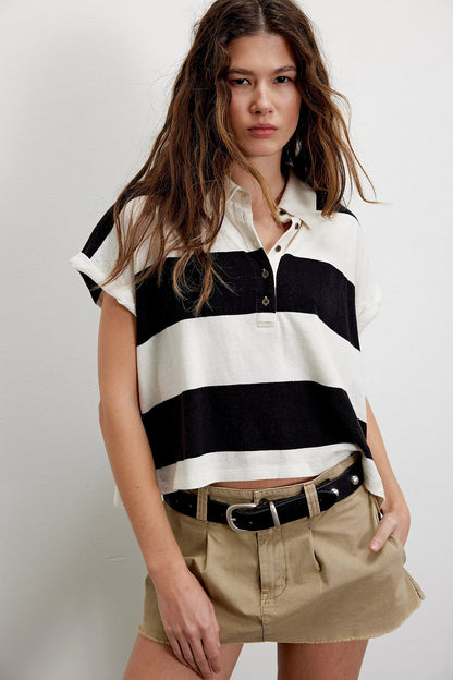 Women's Summer Striped Polo Shirt – Casual Loose Short Sleeve Top