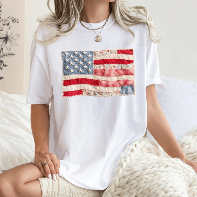 Comfort Colors Retro American Flag Shirt, Faux Patchwork USA Tee, Digital Print Shirt, 4th of July Shirt, Patriotic Graphic Shirt, Fourth of July Shirt