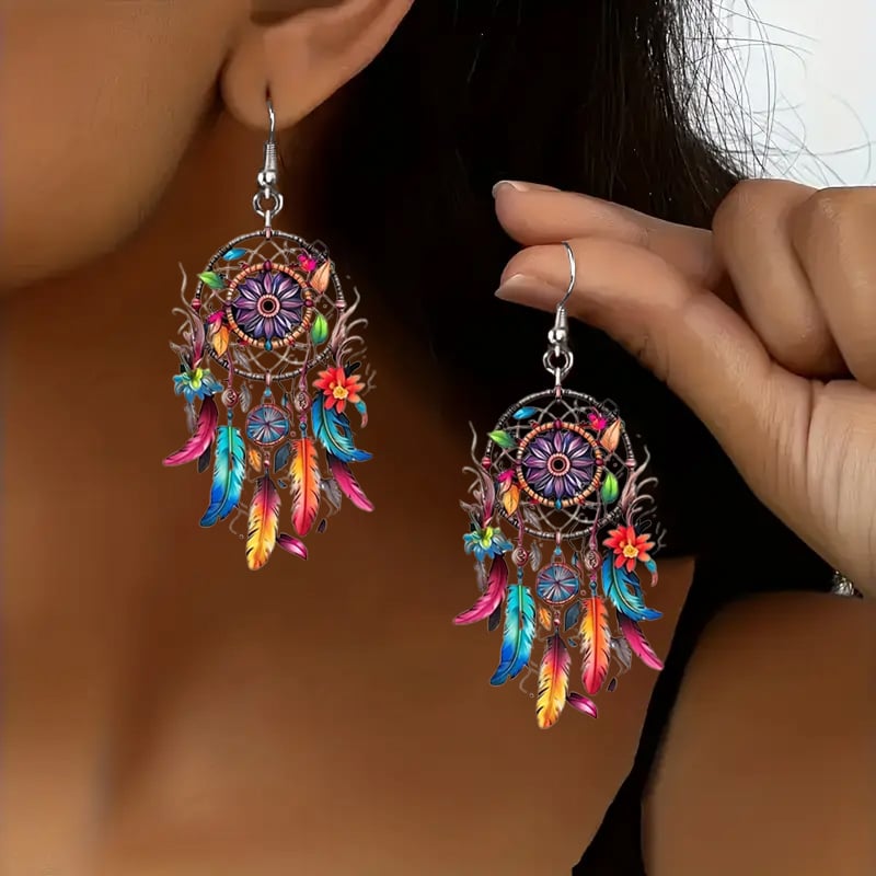 🌙 Boho Dreamcatcher Feather Earrings