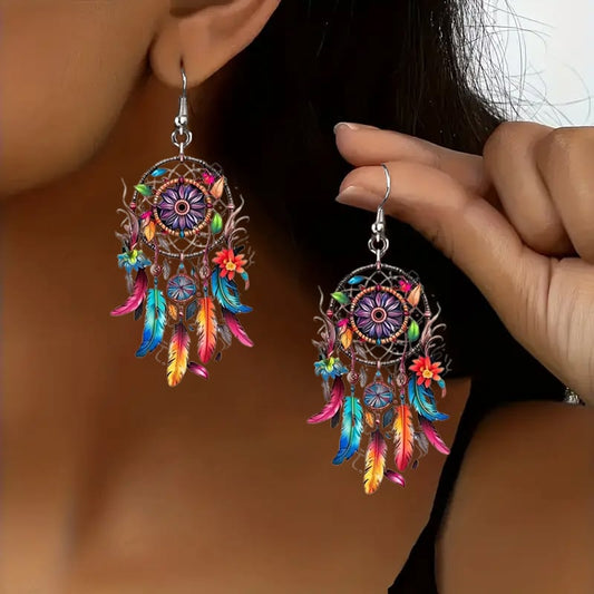 🌙 Boho Dreamcatcher Feather Earrings