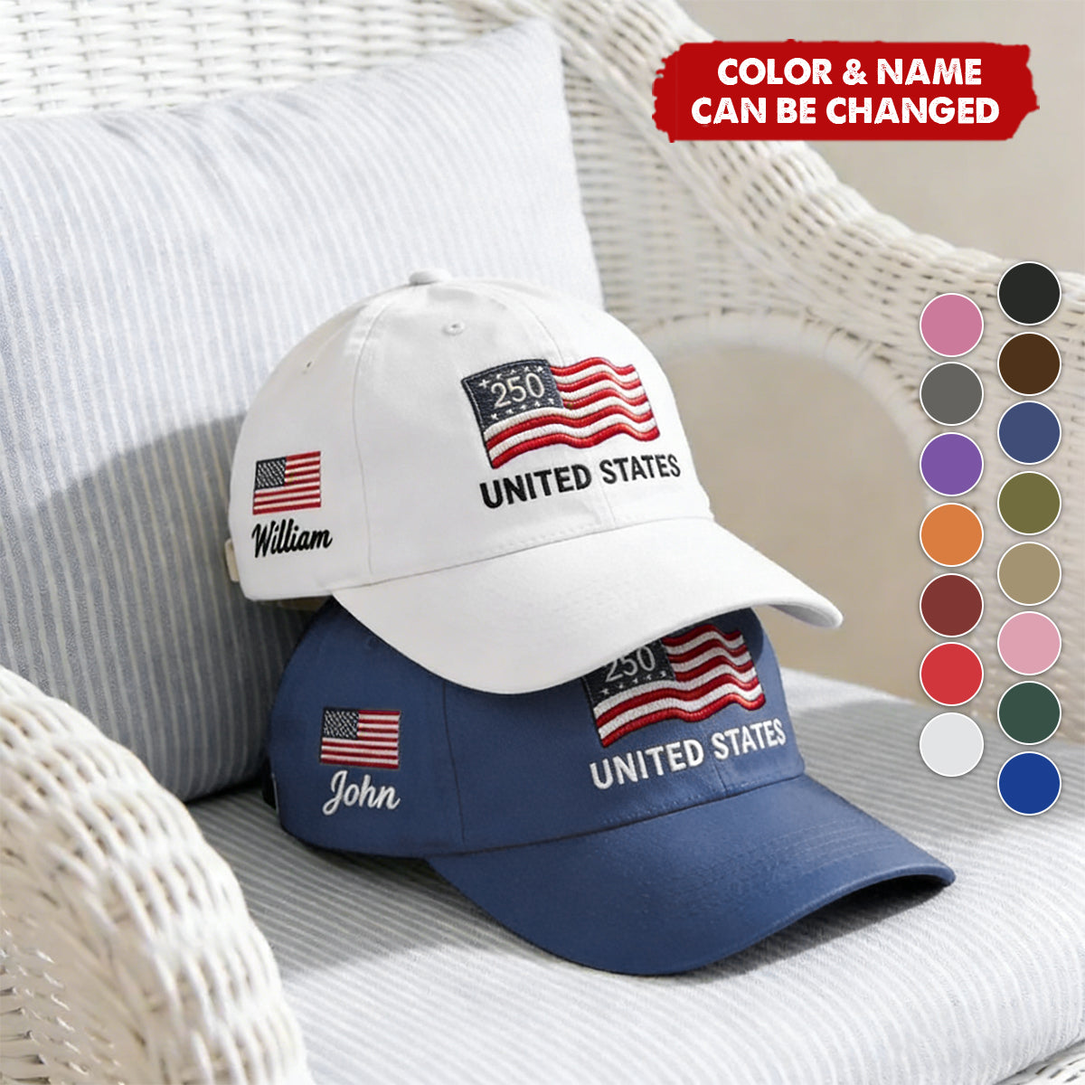 Custom Name United States 250th Anniversary Hat Printed USA Flag Patriotic Cap, Cotton Twill Adjustable Dad Hat for Men Women