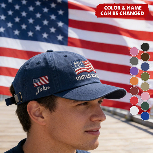 Custom Name United States 250th Anniversary Hat Printed USA Flag Patriotic Cap, Cotton Twill Adjustable Dad Hat for Men Women