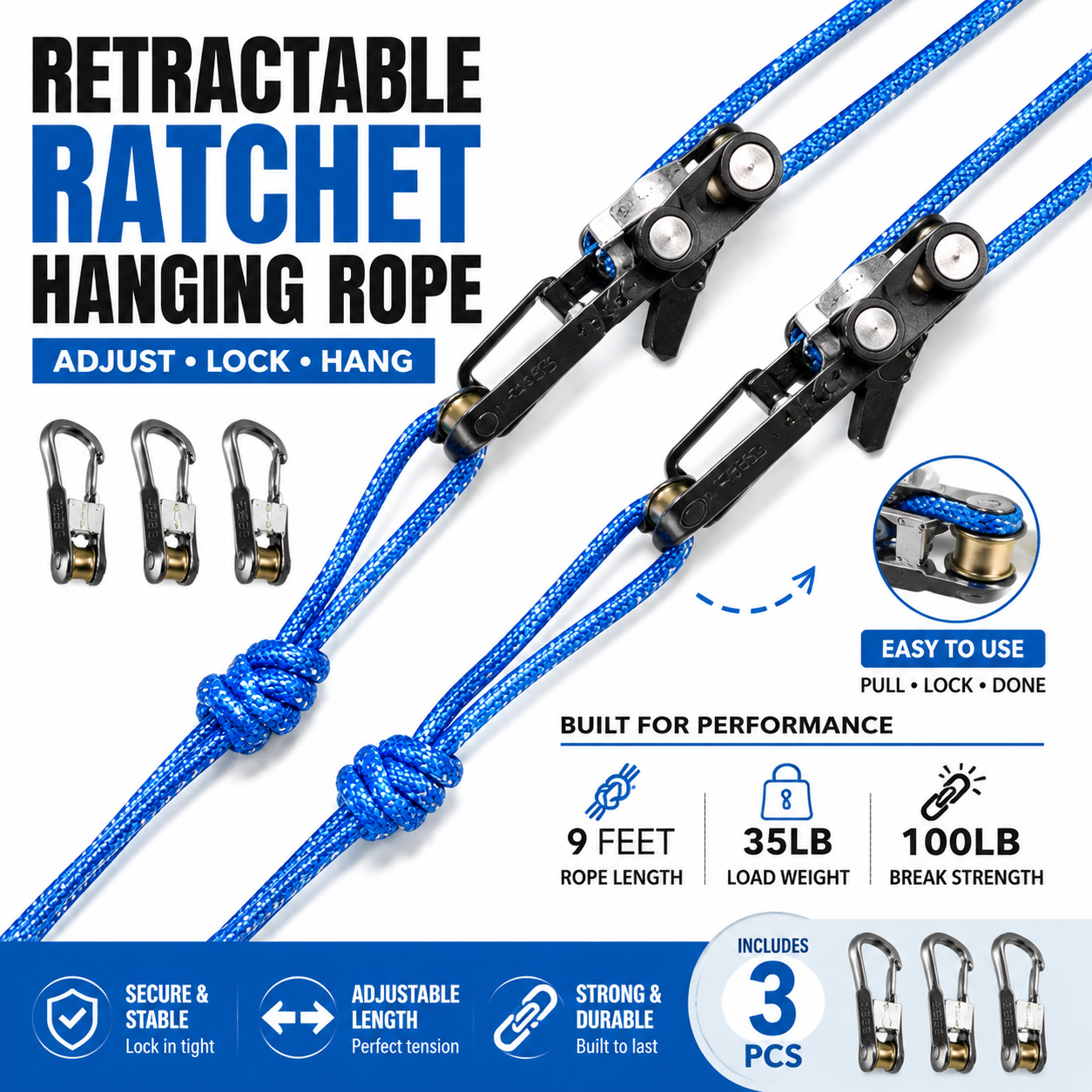 Retractable Ratchet Hanging Rope – Adjustable Locking Rope for Camping & Home Use.