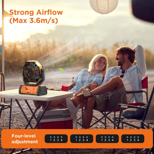 Rechargeable Camping Fan with LED Light, Portable Oscillating Fan with 360° Hook, Cordless Battery Powered