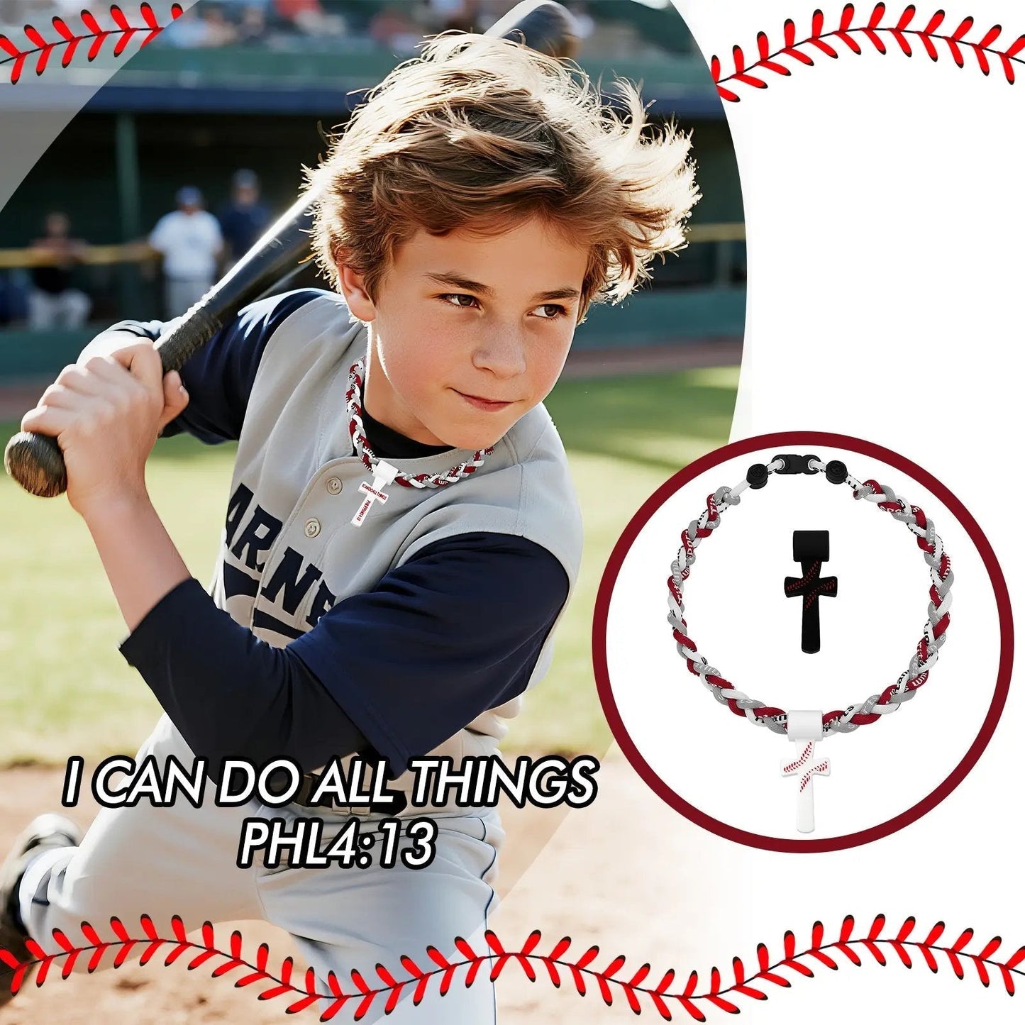 ✝️⚾Triple-Rope Tornado Baseball Necklace – Cross Charm Pendant with "I CAN DO ALL THINGS PHL4:13"