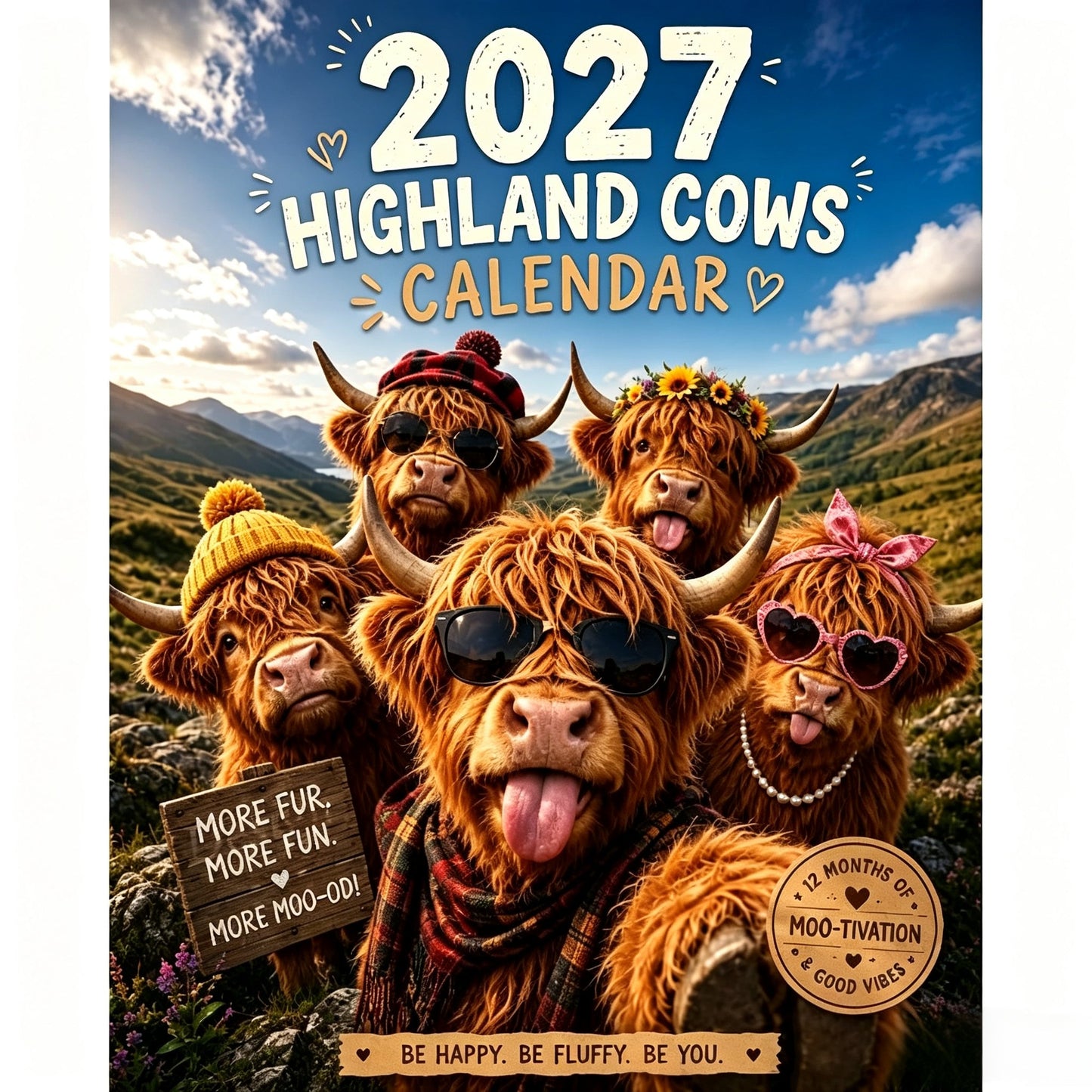 2027 Funny Highland Cows Wall Calendar A4 Hanging Calendar