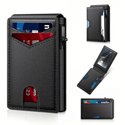 ✨Last Day 49% OFF - Slim Wallet for Men with Pop-Up Aluminum Case, RFID Blocking & Money Clip | Minimalist Leather Bifold Card Holder