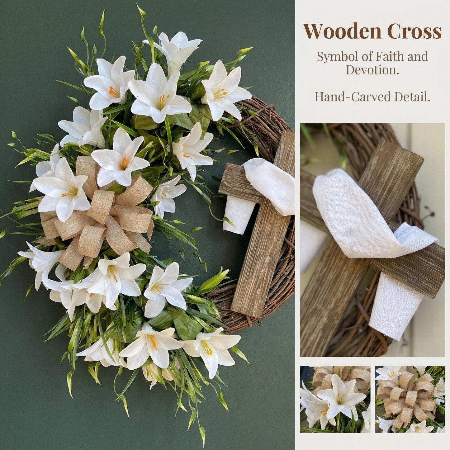 🏆#1 Bestselling - ✝️ Easter “Holy Embrace” White Lilies Crucifix Wreath
