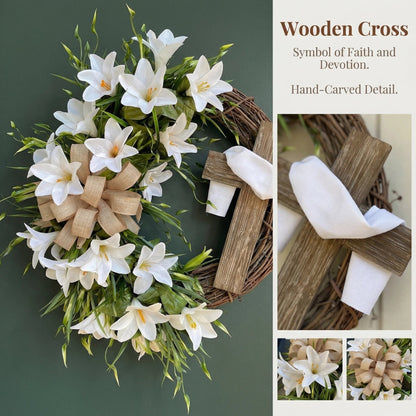 🏆#1 Bestselling - ✝️ Easter “Holy Embrace” White Lilies Crucifix Wreath