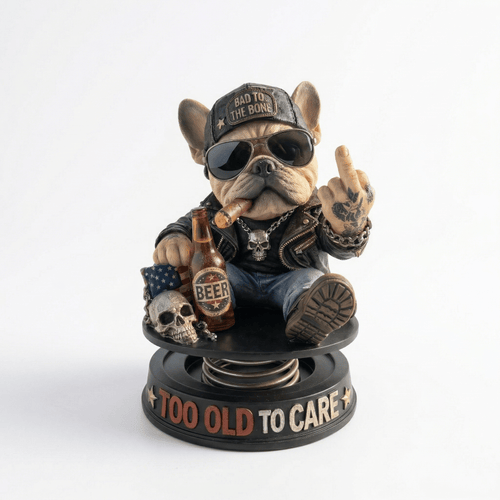 "Too Old To Care" Hardcore Frenchie Dashboard Bobblehead😎 - Rebellious Middle Finger Bulldog Car Decor