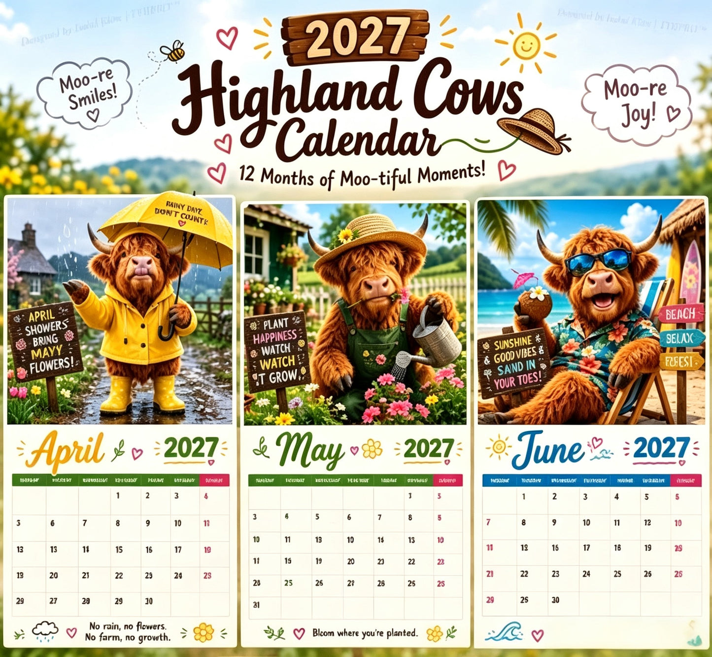 2027 Funny Highland Cows Wall Calendar A4 Hanging Calendar