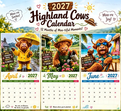 2027 Funny Highland Cows Wall Calendar A4 Hanging Calendar