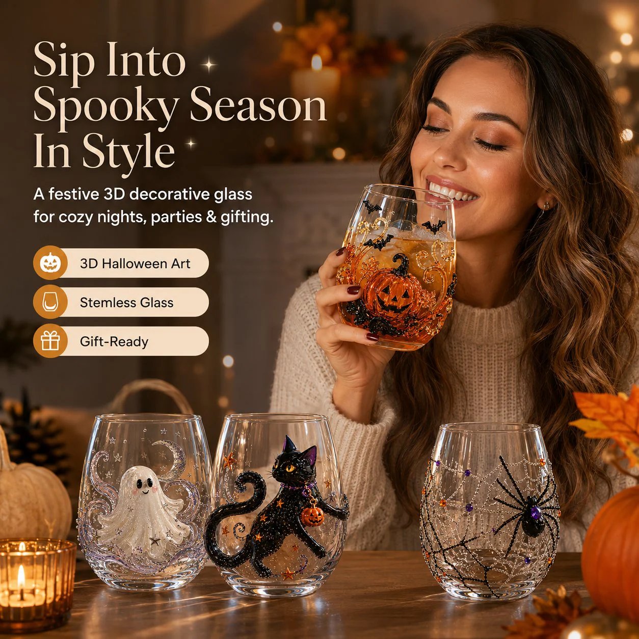 🔥LAST DAY 49% OFF - 🎃 3D Halloween Artisan Glass Cups, Festive Parties & Cozy Fall Home Bar Vibes
