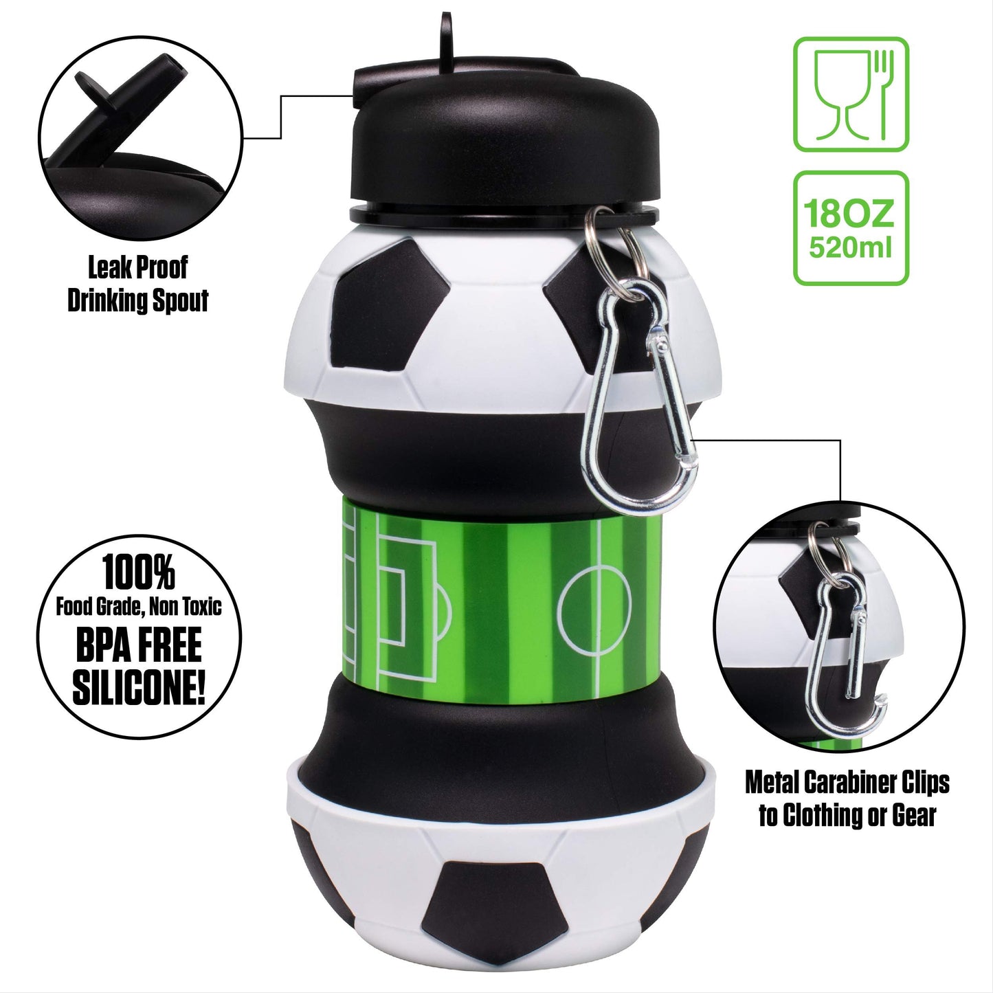 Collapsible Soccer Bottle | 34oz Expandable Food-Grade Silicone Sports Jug