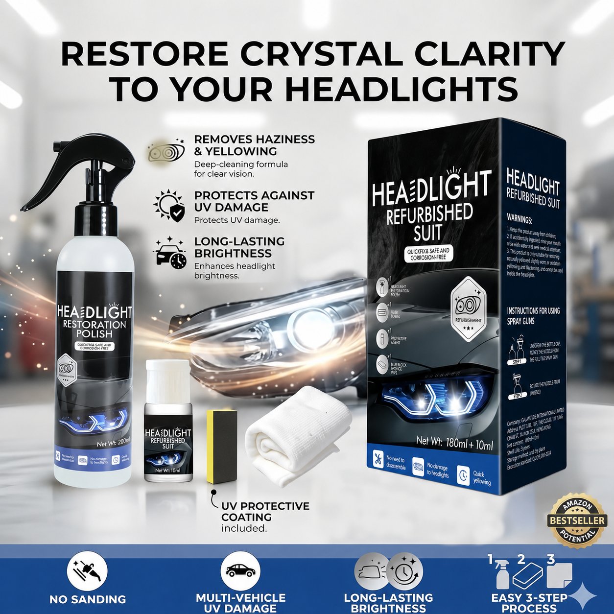 🚘Automotive Headlight Restoration Fluid - Car Detailing Product for Oxidized, Yellowed, Blurred Headlamps with Enhanced Crystalline Coating Refurbishing Function