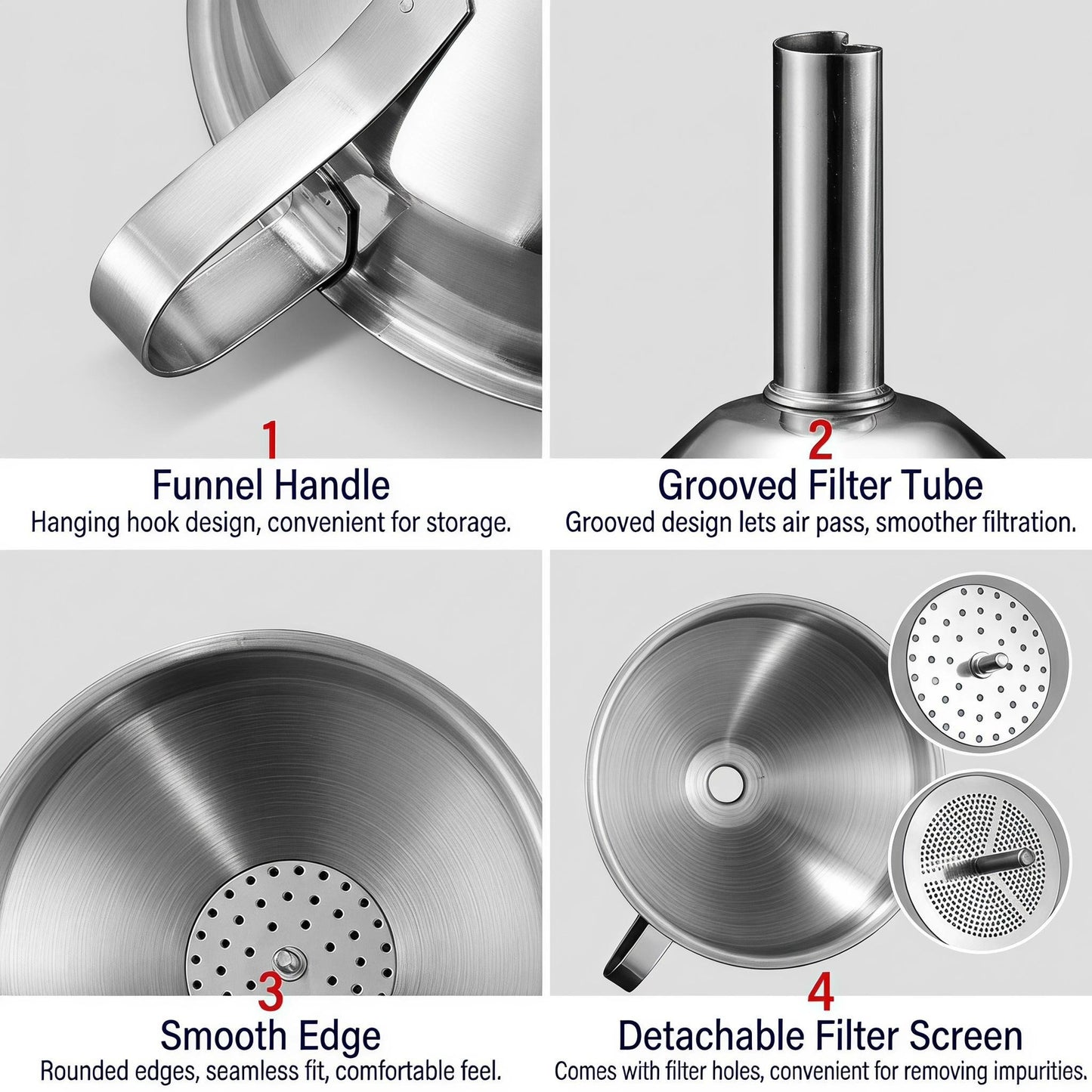 🔥Hot Sale 304 Stainless Steel Funnel with Filter Mesh – Kitchen Food Grade Metal Funnel for Oil, Alcohol, Jam & Spice Filling 🥄