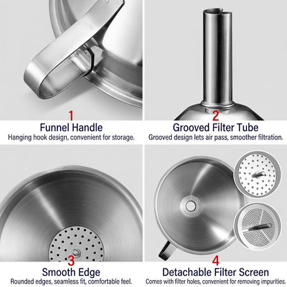 🔥Hot Sale 304 Stainless Steel Funnel with Filter Mesh – Kitchen Food Grade Metal Funnel for Oil, Alcohol, Jam & Spice Filling 🥄