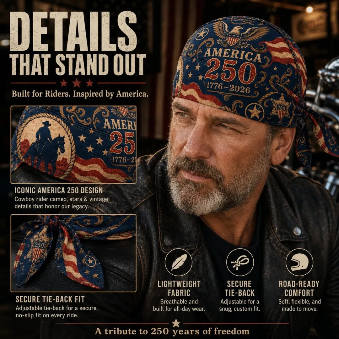 🔥LIMITED AMERICA 250 DESIGN — Cycling Pirate Hat / Biker Headwrap (Adjustable tie-back fit)