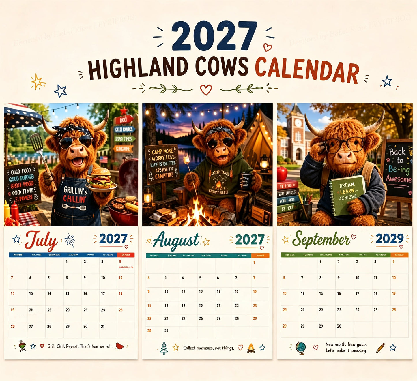 2027 Funny Highland Cows Wall Calendar A4 Hanging Calendar