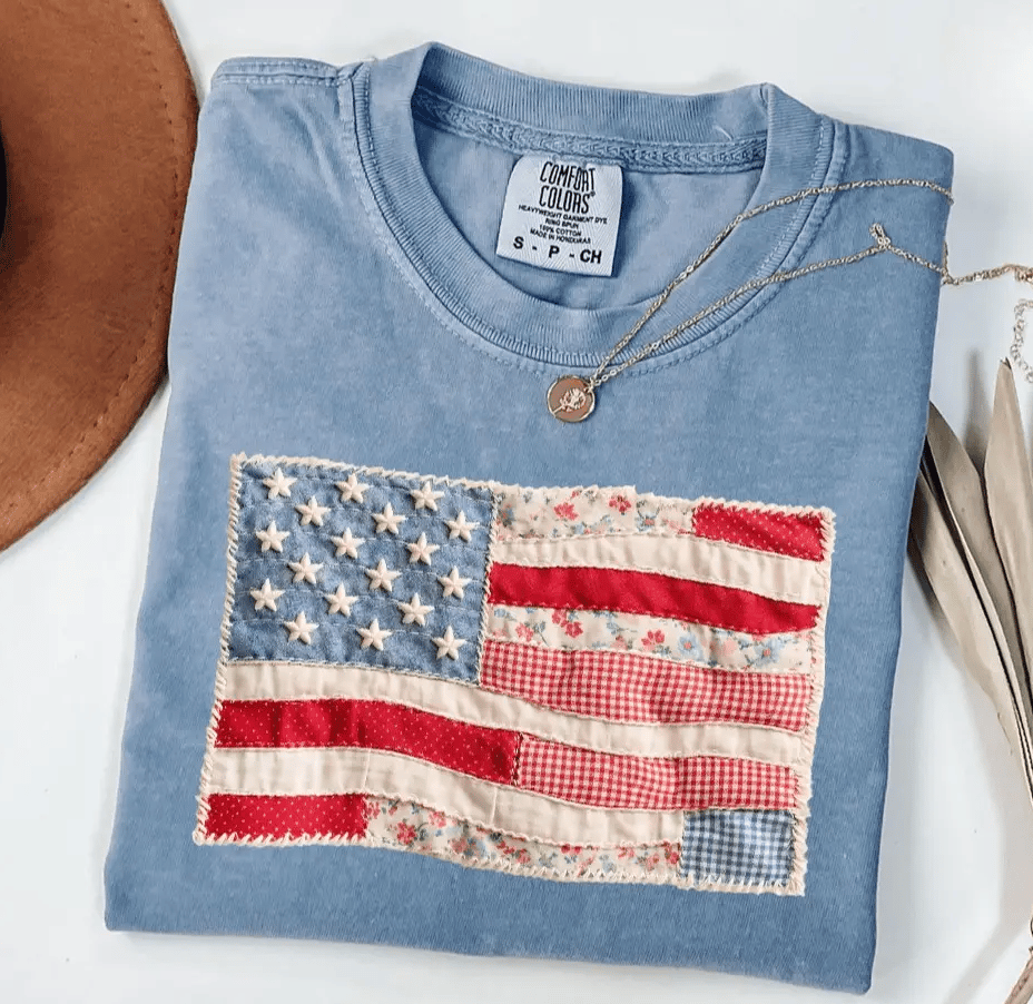 Comfort Colors Retro American Flag Shirt, Faux Patchwork USA Tee, Digital Print Shirt, 4th of July Shirt, Patriotic Graphic Shirt, Fourth of July Shirt