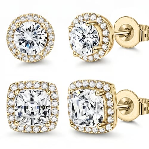 Halo Stud Earrings 2-Pack - Gold & Silver Round/Square Styles