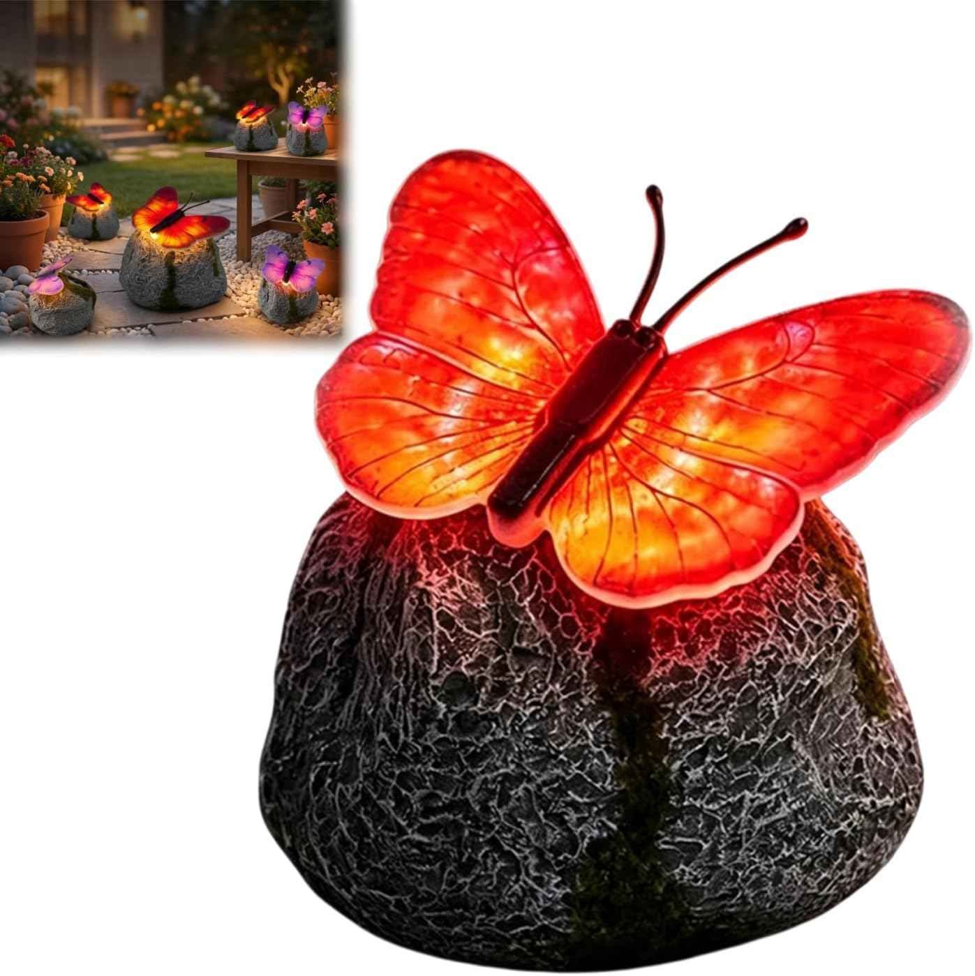 🦋 Solar Butterfly Stone Garden Light, Waterproof LED Glowing Landscape Rock Lamp, Auto On/Off Outdoor Resin Decor for Yard, Lawn, Pathway, Patio & Porch, Perfect Garden Gift