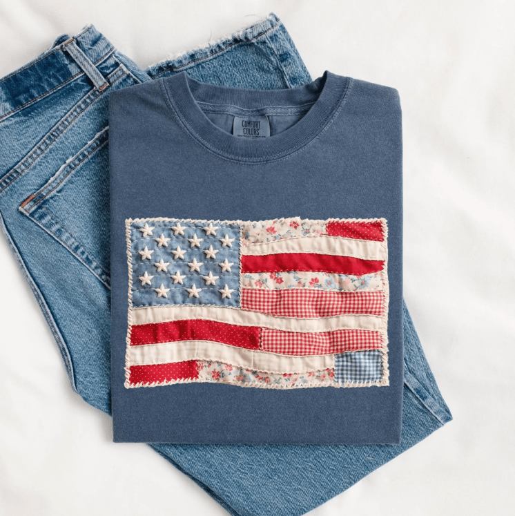 Comfort Colors Retro American Flag Shirt, Faux Patchwork USA Tee, Digital Print Shirt, 4th of July Shirt, Patriotic Graphic Shirt, Fourth of July Shirt