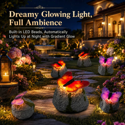 🦋 Solar Butterfly Stone Garden Light, Waterproof LED Glowing Landscape Rock Lamp, Auto On/Off Outdoor Resin Decor for Yard, Lawn, Pathway, Patio & Porch, Perfect Garden Gift