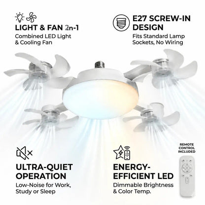 🌀E26/E27 Socket Ceiling Fan Light – 2-in-1 LED Light & Quiet Fan with Remote Control