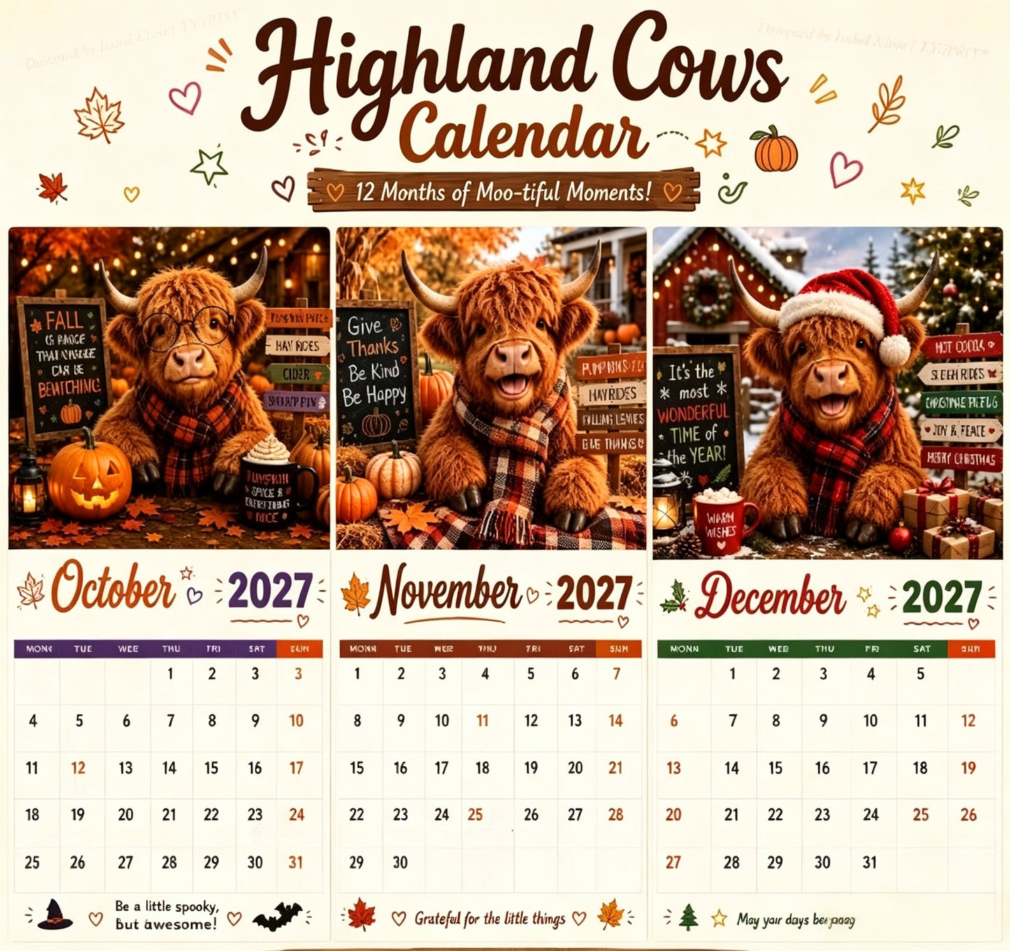 2027 Funny Highland Cows Wall Calendar A4 Hanging Calendar