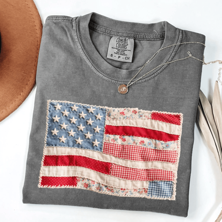 Comfort Colors Retro American Flag Shirt, Faux Patchwork USA Tee, Digital Print Shirt, 4th of July Shirt, Patriotic Graphic Shirt, Fourth of July Shirt