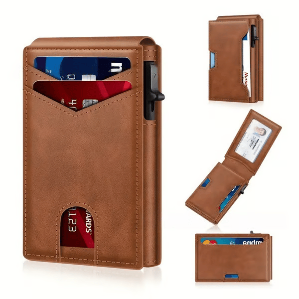 ✨Last Day 49% OFF - Slim Wallet for Men with Pop-Up Aluminum Case, RFID Blocking & Money Clip | Minimalist Leather Bifold Card Holder