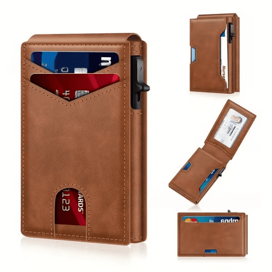 ✨Last Day 49% OFF - Slim Wallet for Men with Pop-Up Aluminum Case, RFID Blocking & Money Clip | Minimalist Leather Bifold Card Holder