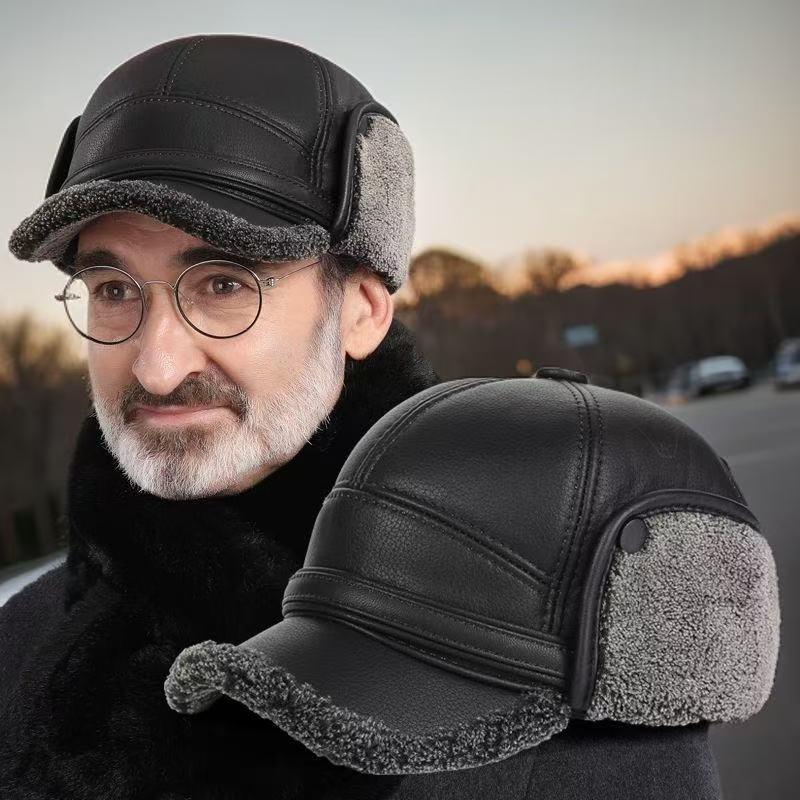 🧢🐂New Men's Winter Hat with Sheepskin Flat Top Earmuffs