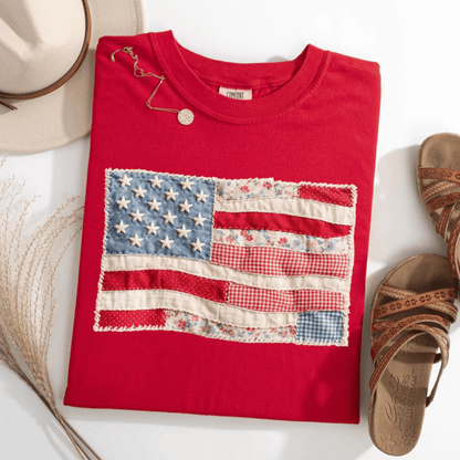 Comfort Colors Retro American Flag Shirt, Faux Patchwork USA Tee, Digital Print Shirt, 4th of July Shirt, Patriotic Graphic Shirt, Fourth of July Shirt