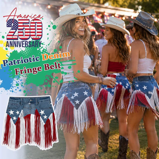 USA 250th Anniversary Patriotic Denim Fringe Belt