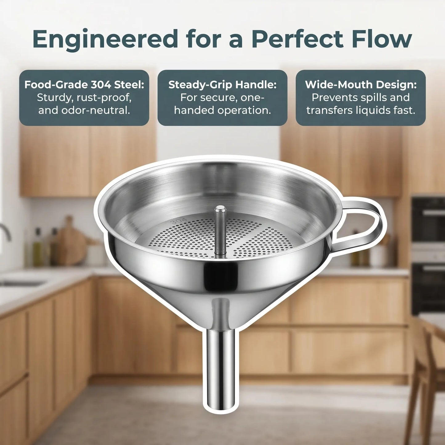 🔥Hot Sale 304 Stainless Steel Funnel with Filter Mesh – Kitchen Food Grade Metal Funnel for Oil, Alcohol, Jam & Spice Filling 🥄